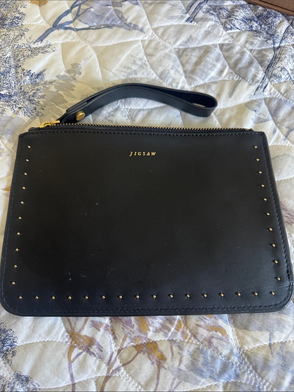 Jigsaw Black Leather Wristlet with Gold Studs Pouch